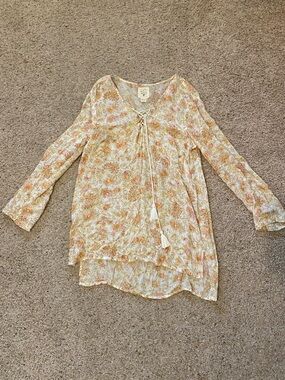 Billabong Cream Floral Tie-Neck Boho Tunic with Pink & Mustard Accents